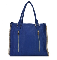 Blue tote handbag with chain trim and longer strap included