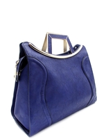 Blue tote handbag with gold tone trim and removable strap included