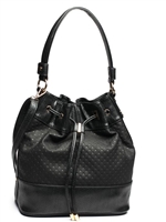 Black bucket handbag with animal print, gold tone hardware and drawstring