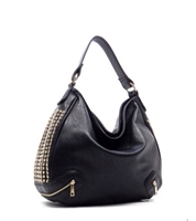 Black hobo handbag with gold tone studs/rhinestones and functional zip front pockets